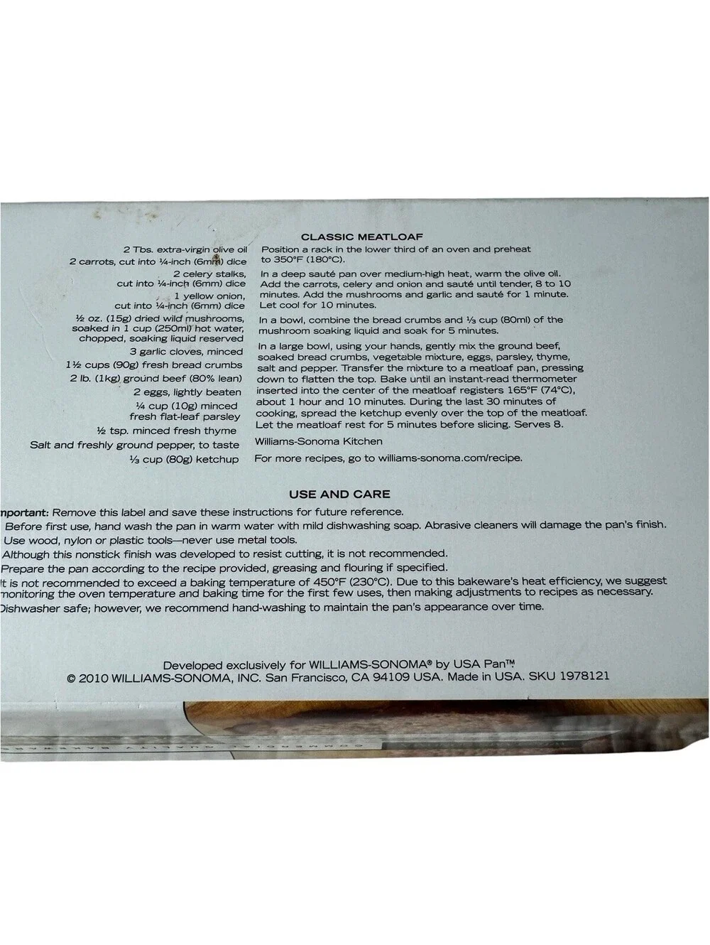 Williams Sonoma Goldtouch® Pro Nonstick Loaf Pan 1 lb w/ Meatloaf  Insert 10